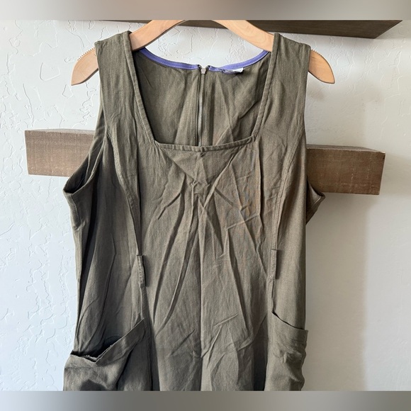 Violet Weekend|Olive Green Linen Lagenlook Sleeveless Midi Dress,square neck•XL - Picture 5 of 10